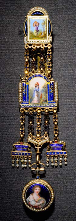 The oldest watch of the Time Art Exhibition is this enamel chatelaine timepiece from 1874