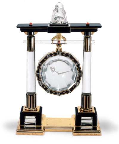 The Cartier mystery clocks were in production for several decades; this particular model from 1923 is the first of a series of six in the form of a Shinto shrine gate