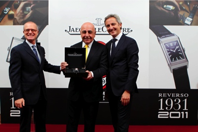 Claudio Angè, Brand Manager, Jaeger LeCoultre Italy, Adriano Galliani, CEO of AC Milan and Jerome Favier, International Sales Director, Manufacture Jaeger-LeCoultre
