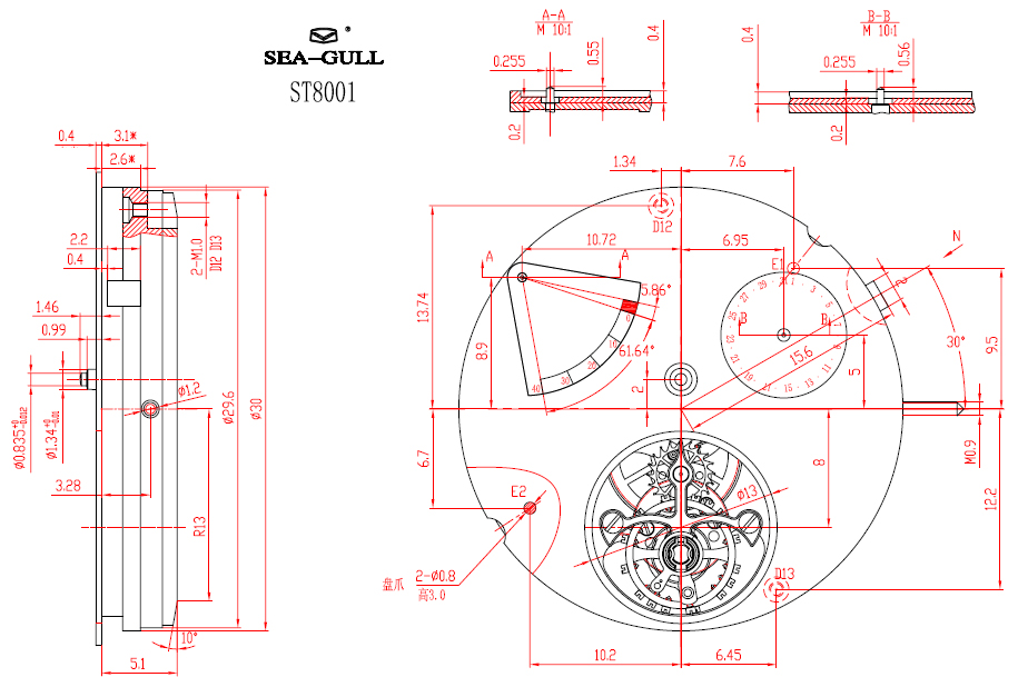 technical drawing of Sea-Gull ST 8001 movement