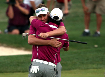 Ian Poulter and Rory McIlroy celebrating the victory