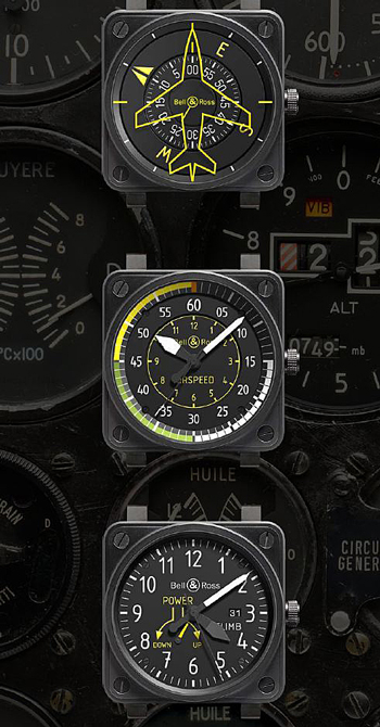 BR01 Heading indicator, BR 01 Airspeed and BR01 Climb watches by Bell & Ross