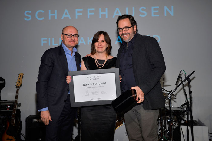 IWC CEO Georges Kern, Executive Director of the Tribeca Film Institute Beth Janson and director Jeff Malmberg pose at the IWC and Tribeca Film Festival