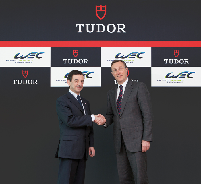 President of Automobile Club de l'Ouest (ACO), Pierre Fillon (left) and managing director of Montres Tudor SA Philippe Peverelli