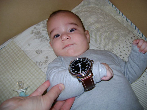 baby with MeisterSinger watch
