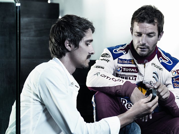 Sébastien Perret (left), the designer closely involved in the creation of Marvin`s recent collections and Sébastien Loeb (right), seven-time world rally champion and Marvin Ambassador, examining the finishing details of the upcoming LOEB Special Edition.