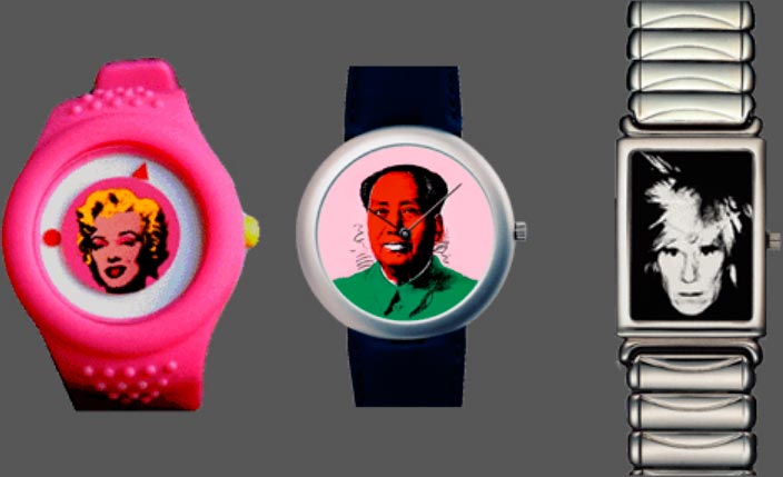 Andy Warhol watches with images of Marilyn Monroe, Mao Zedong and Andy Warhol