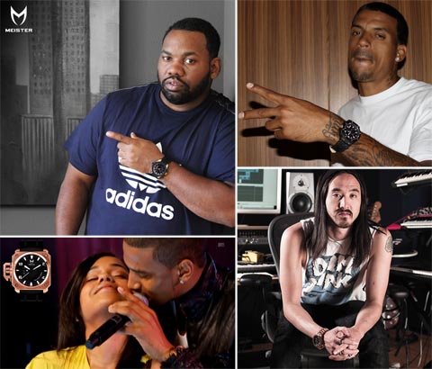 Celebrities wearing Meister Watch: (clockwise) Raekwon, Matt Barnes, Steve Aoki, Trey Songz