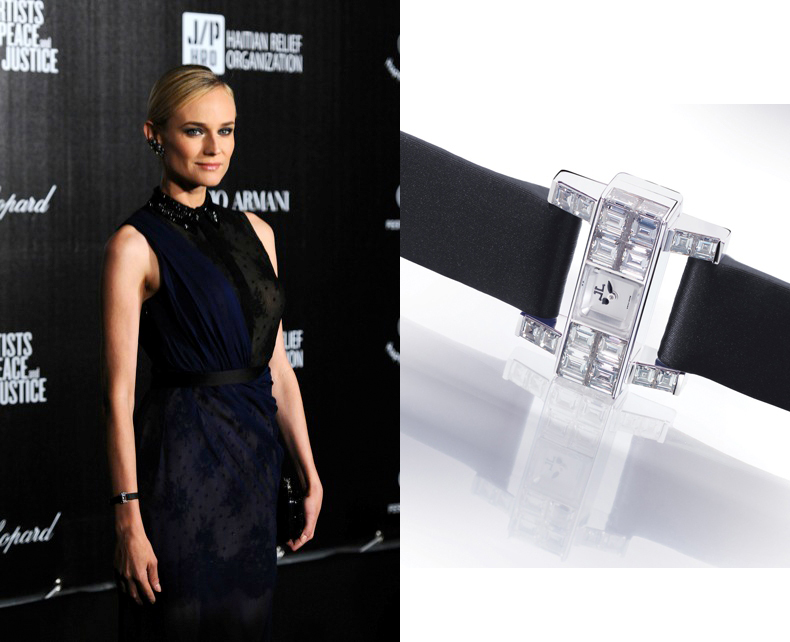 an exquisite miniature dial of the 101 Etrier watch with a case made of white gold and inlaid with diamonds on the wrist Diane Kruger