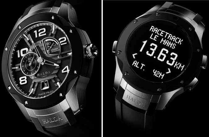 Left: Halda Race Pilot watch - Right: Race Pilot watch with digital dial