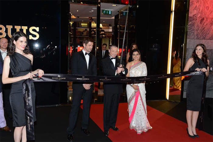 Opening of Roger Dubuis boutique in Dubai. left to right: Gerard Butler, Jean-Marc Pontroué (had of Roger Dubuis) and Kajol