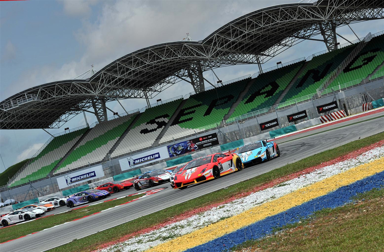 Super Trofeo race cars heating up the tracks of the Sepang International Circuit on the first race weekend of the Lamborghini Blancpain Super Trofeo in Asia