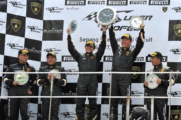 Lamborghini Blancpain Super Trofeo champions celebrating on the podium after the first race of the Asia Series