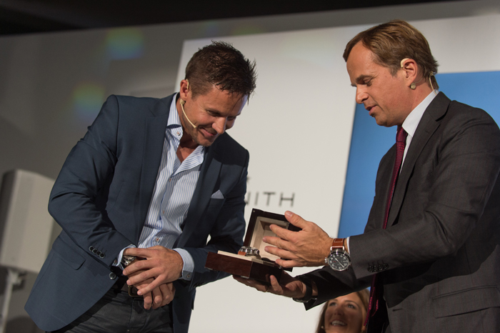 Jean-Frédéric Dufour (right) and Felix Baumgartner (left) at the press conference Zenith during BaselWorld