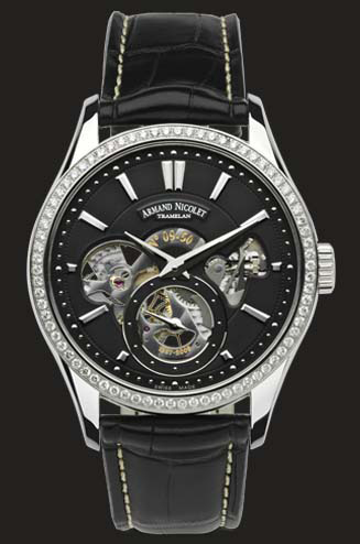wristwatch Armand Nicolet Black Dial with diamond bazel