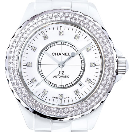 wristwatch Chanel J12 Céramique blanche / Lunette acier sertie diamants, cadran 12 index diamants