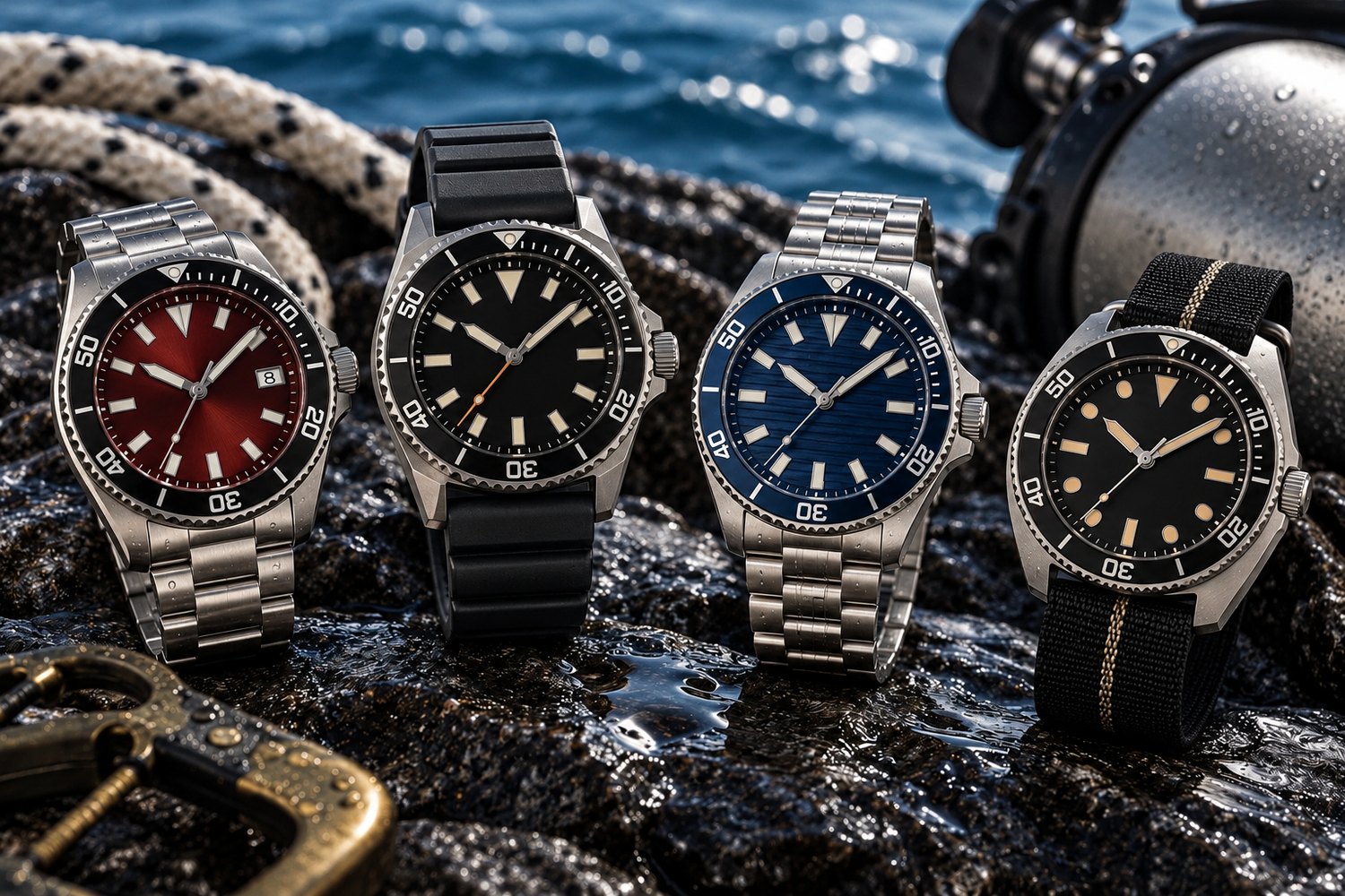 Illustration of four stainless steel dive watches on wet rocks by the sea