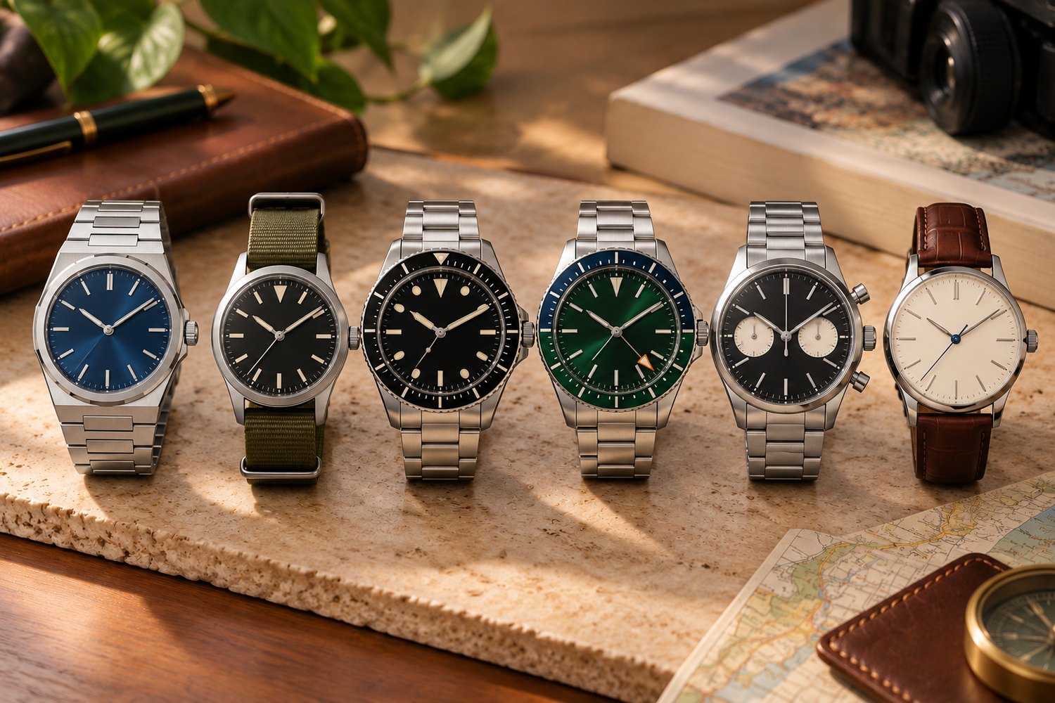Illustration of six different watch styles on a stone and wood desk