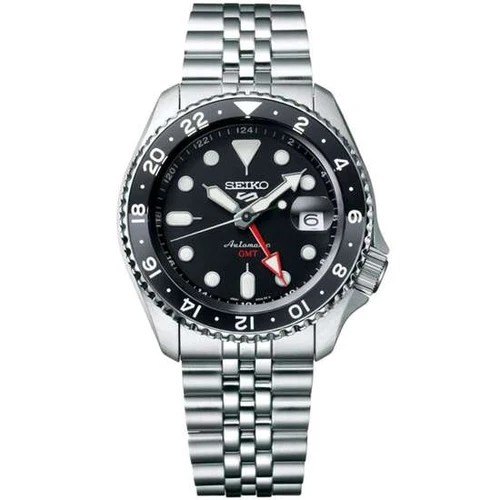 Seiko 5 Sports GMT SSK001 with black dial, 24-hour bezel and red GMT hand
