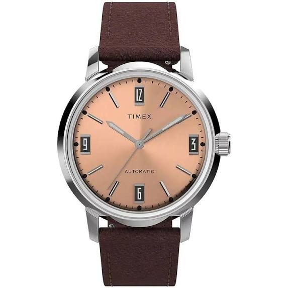 Timex Marlin Automatic 40mm with salmon sunray dial, boxed numerals and brown leather strap