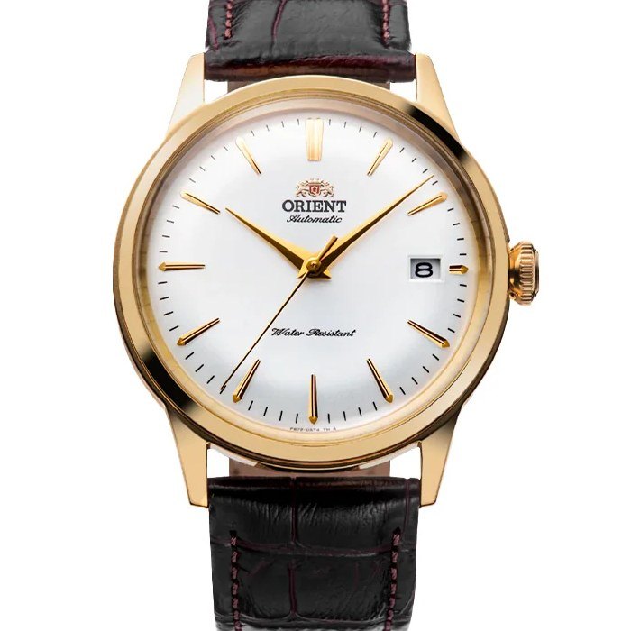 Orient Bambino Version 7 38mm dress watch with white dial, gold-tone case and leather strap