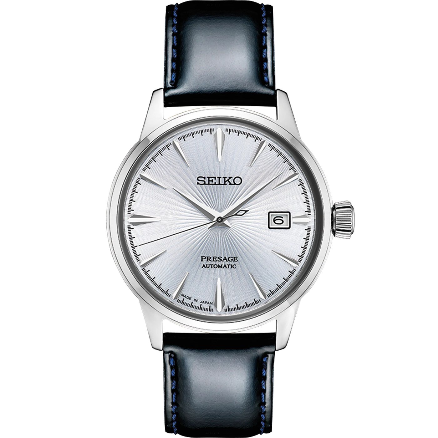 Seiko Presage Cocktail Time SRPB43 with textured ice-blue dial on leather strap