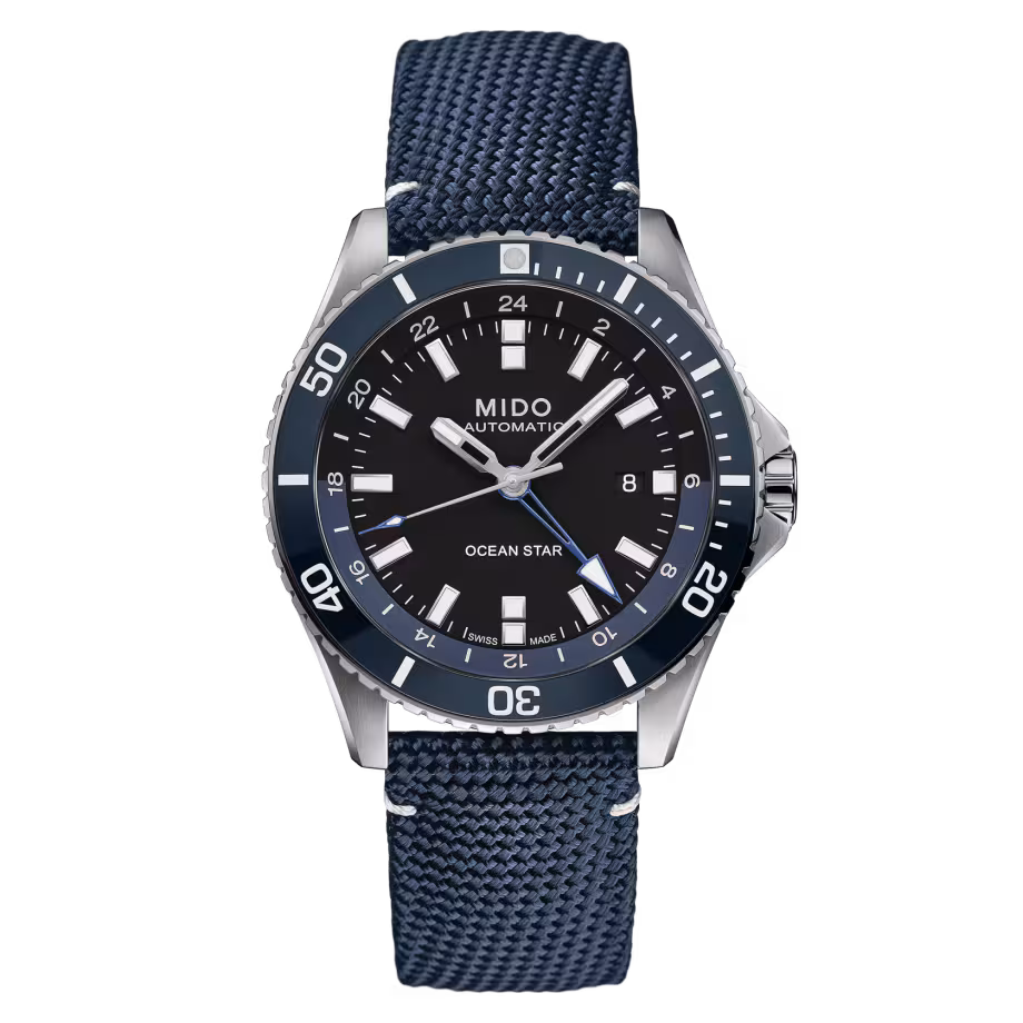 Mido Ocean Star GMT black dial, blue rotating bezel and textured blue strap