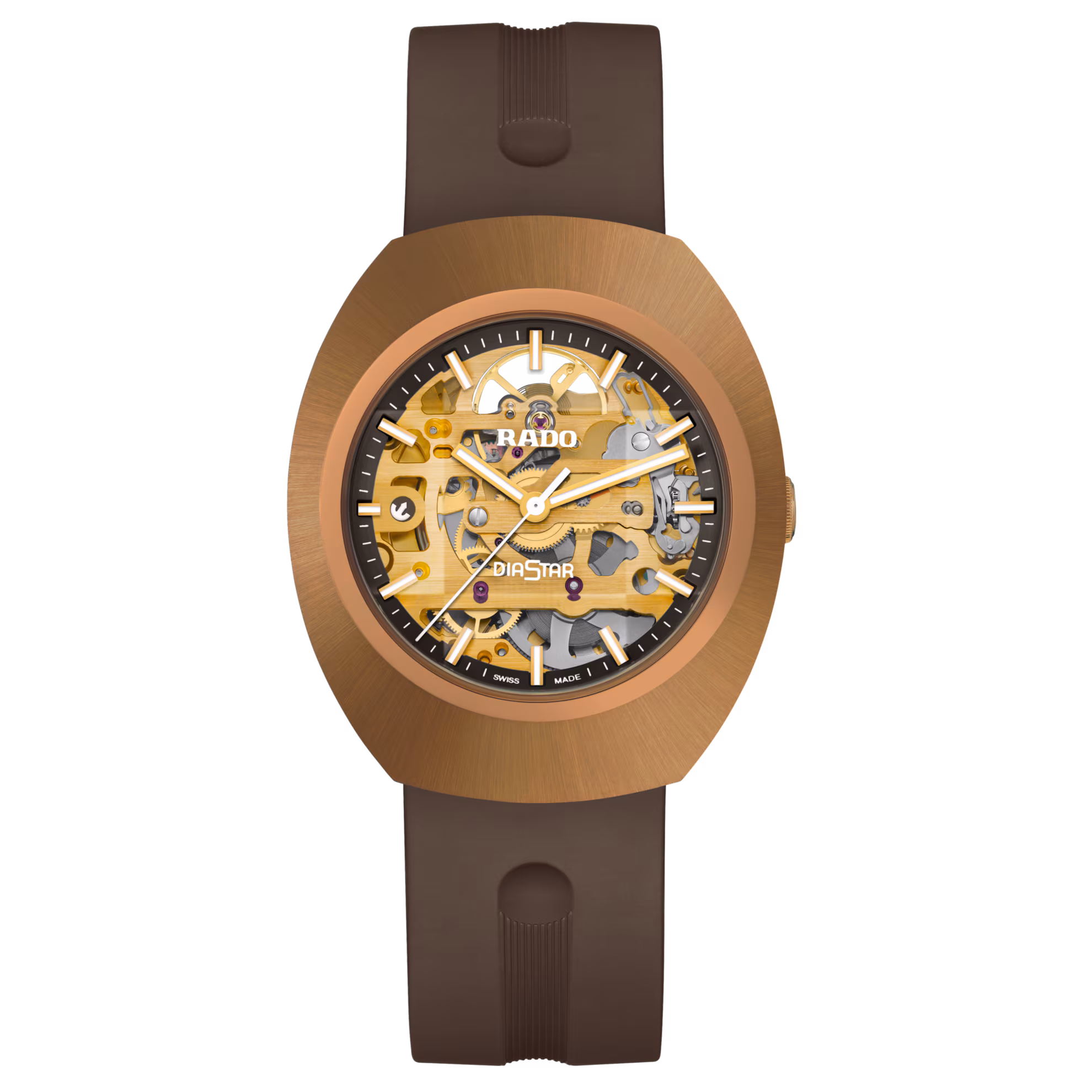 Rado DiaStar Original Skeleton R12159309 with rose-gold-coloured Ceramos bezel and brown rubber strap